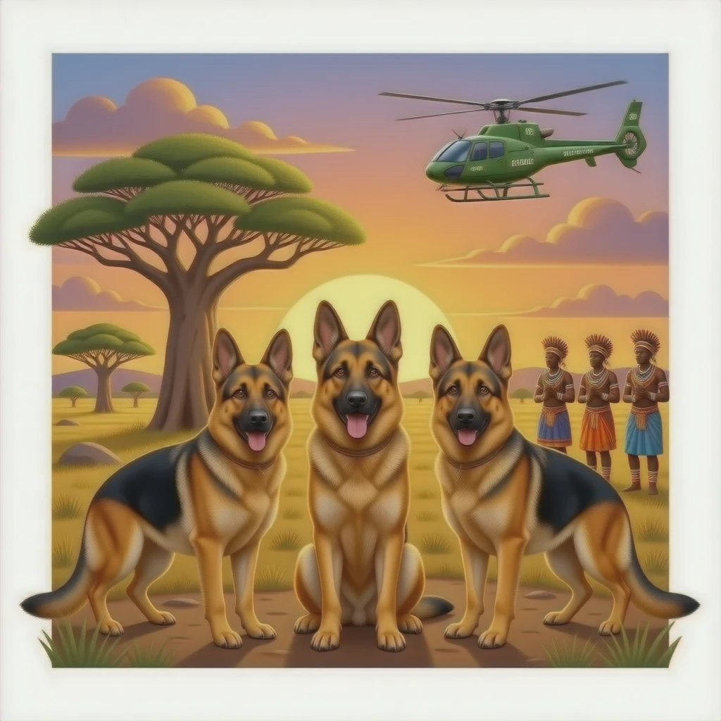 3 k9 german sheppards surrounding african savanna plains sunset boabab backed by traditional dancers rythm sunset helicopter anti poaching emoji