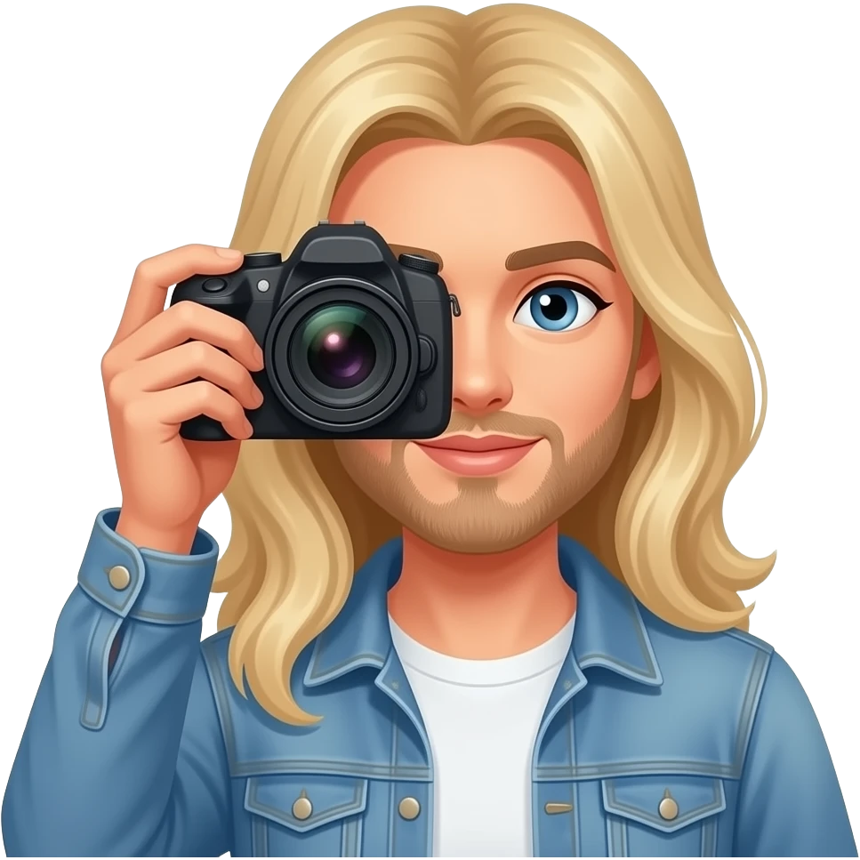 A blonde masculine woman holding a camera emoji