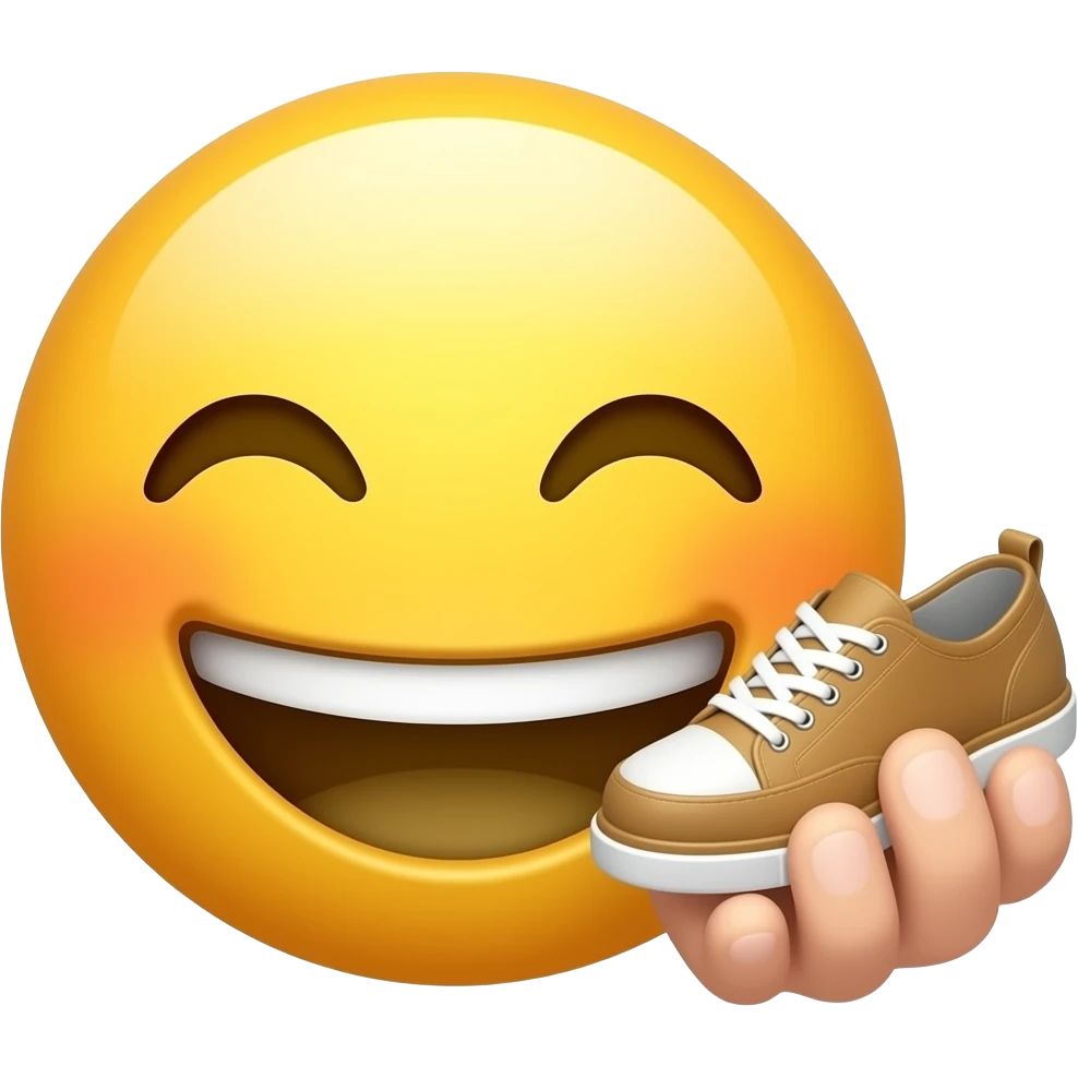 I want 😁 emoji to hold (shoe)👞 in this(hand)🤚. Just the 😁 head of this emoji plz, this very emoji only holding it. I don’t want a human as u are generating. I want the face of 😁 emoji as it is, yellow one emoji