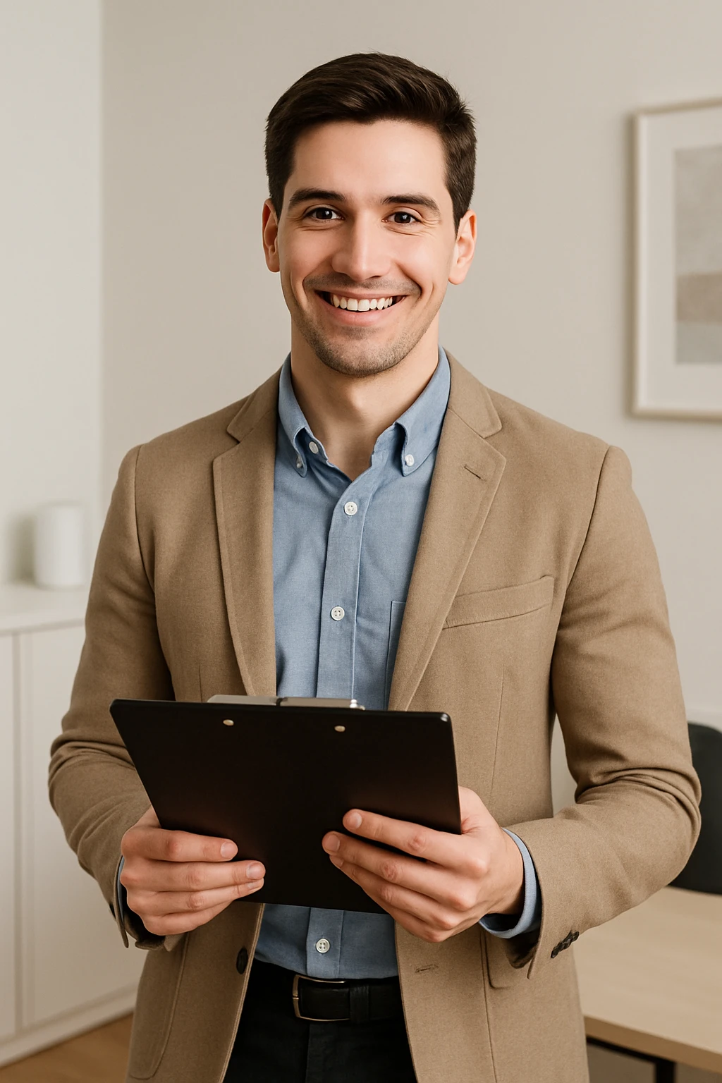 young professional man with a clipboard, smart casual clothes, friendly demeanor emoji