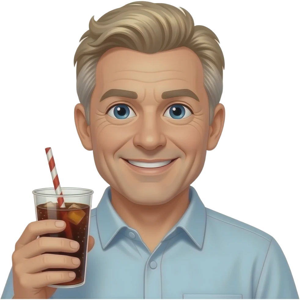 GO BACK TO THE LAST  MAN- CLEAN SHAVEN MAKE HIM SMILING AND MESS UP HIS HAIR -MAKE HIM IN HIS 50S- GIVE HIM A COLLARED SHIRT AND BLOND SALT AND PEPPER HAIRSHOW ME A WHITE MAN --WITH A ROUND FACE-- HOLDING A CUP OF SODA emoji