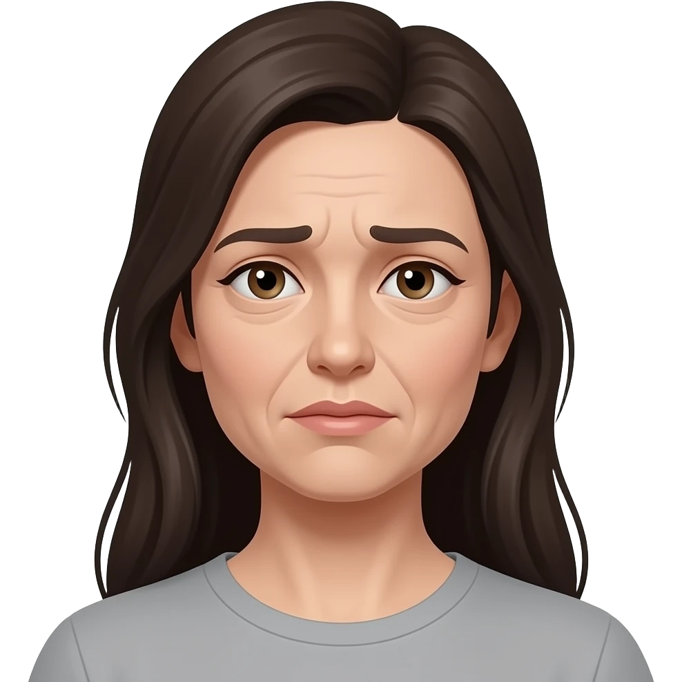 very pale white woman face with sallow tired skin that lacks freshness that is very unbright AND TIRED with fine lines but with long dark hair emoji