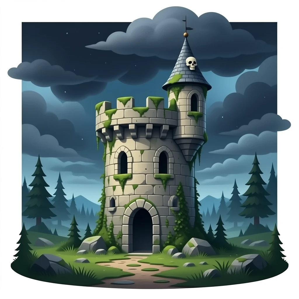 A Crumbling Tower with a skull capped turret. emoji