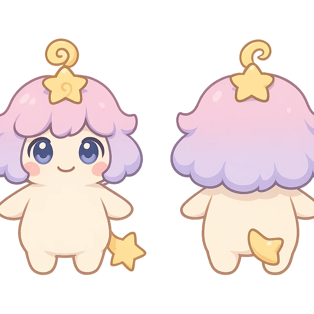 character turnaround of a chubby fluffy star spirit named Stella Puff, front side and back views, creamy white body, puffy cloud-like pastel pink purple gradient hair with a yellow star swirl on top, big round glassy blue violet eyes, coral pink blush, short arms and legs, soft golden star tail, kawaii chibi style, clean lines, transparent background emoji