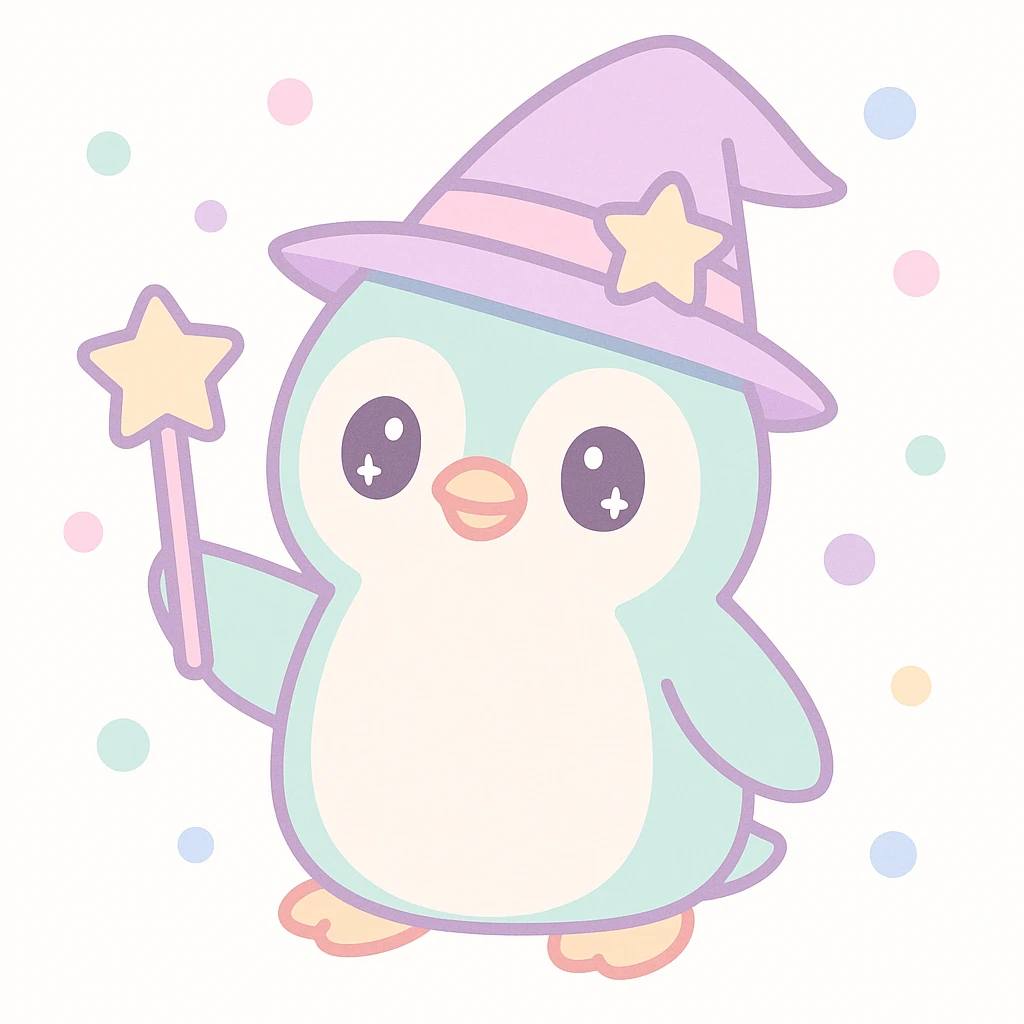 {
  "style_description": {
    "overall_look": "Cute, minimal, and soft with a friendly and playful tone",
    "material_simulation": {
      "primary_material": "flat digital color",
      "texture_detail": "smooth surfaces with no texture or shading",
      "pattern": "none or very simple decorative accents (e.g., hearts, stars)"
    },
    "geometry": {
      "edge_style": "rounded, soft curves with no sharp angles",
      "dimensionality": "flat two-dimensional appearance with simple shapes"
    },
    "color_palette": {
      "scheme": "pastel and light tones",
      "preferred_colors": ["pink", "mint", "lavender", "baby blue", "peach"],
      "contrast": "low contrast with bright accents"
    },
    "facial_features": {
      "eyes": "large, sparkly, often oval or circular",
      "mouth": "small, often a simple curve or dot",
      "expression": "joyful, innocent, or calm"
    },
    "lighting": {
      "type": "none or implied with soft highlights",
      "purpose": "maintain a clean and cheerful look"
    },
    "render_constraints": {
      "avoid": ["realistic shading", "high detail", "dark themes", "texture noise"],
      "focus_on": ["cute expression", "iconic simplicity", "emotional warmth"]
    },
    "background": {
      "color": "white or soft pastel",
      "style": "plain or patterned with simple icons (e.g., polka dots, stars)",
      "lighting_consistency": "no shadows, evenly lit feel"
    }
  }
}

{subject} = penguin wizard emoji