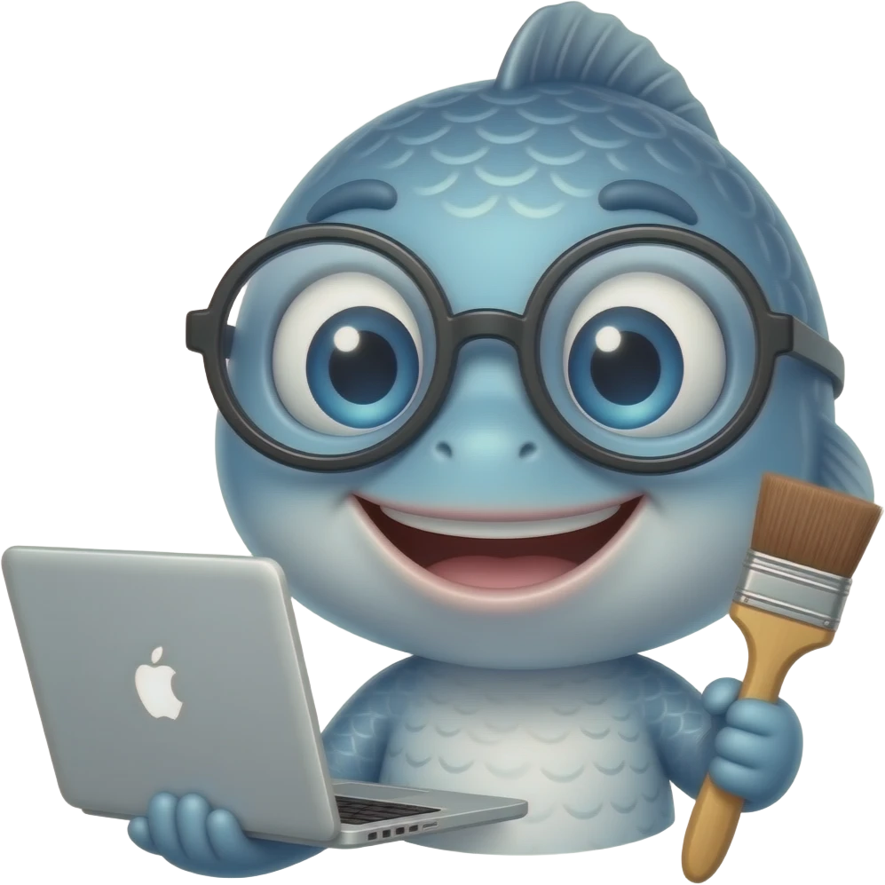노트북과 붓이 있는 안경쓴 물고기 얼굴 emoji