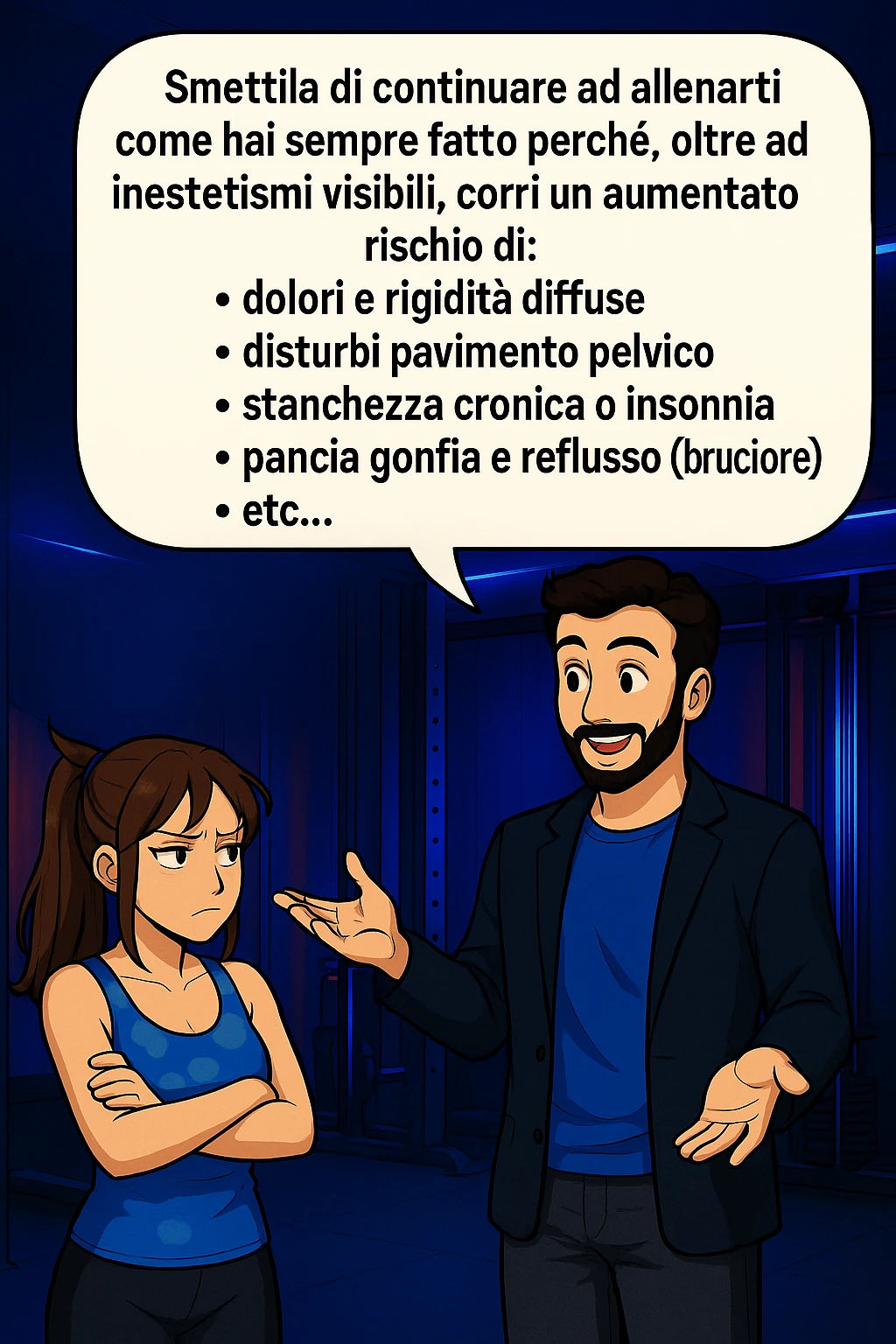 TRASFORMA QUESTO CAROSELLO IN UN FUMETTO STILE MANGA A COLORI CON QUESTE DUE PERSONE IDENTICHE CHE INTERLOQUISCONO TRA LORO:

LUI (UOMO): Smettila di continuare ad allenarti come hai sempre fatto perché, oltre ad inestetismi visibili, corri un aumentato rischio di:
    • dolori e rigidità diffuse
    • disturbi pavimento pelvico
    • stanchezza cronica o insonnia
    • pancia gonfia e reflusso (bruciore)
    • etc… emoji