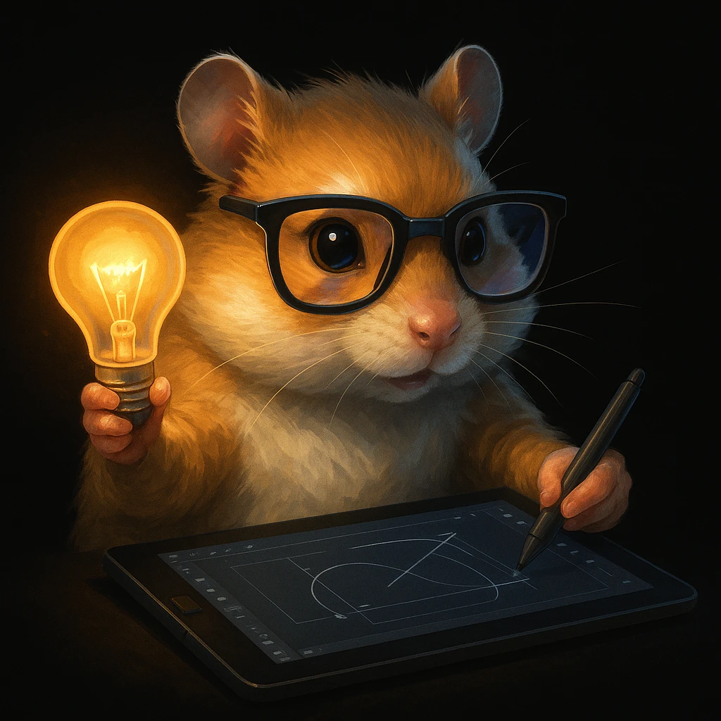 a modern, semi-realistic hamster with cool glasses and a lightbulb, creating a design or making animations, showing creative action, inspired by the provided reference, on a solid black background emoji