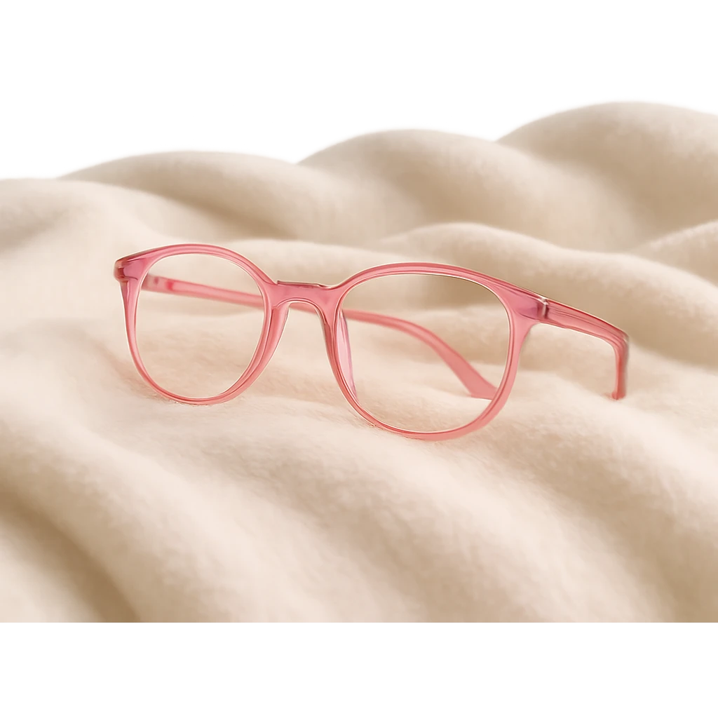 pink reading glasses on a soft blanket, peaceful emoji