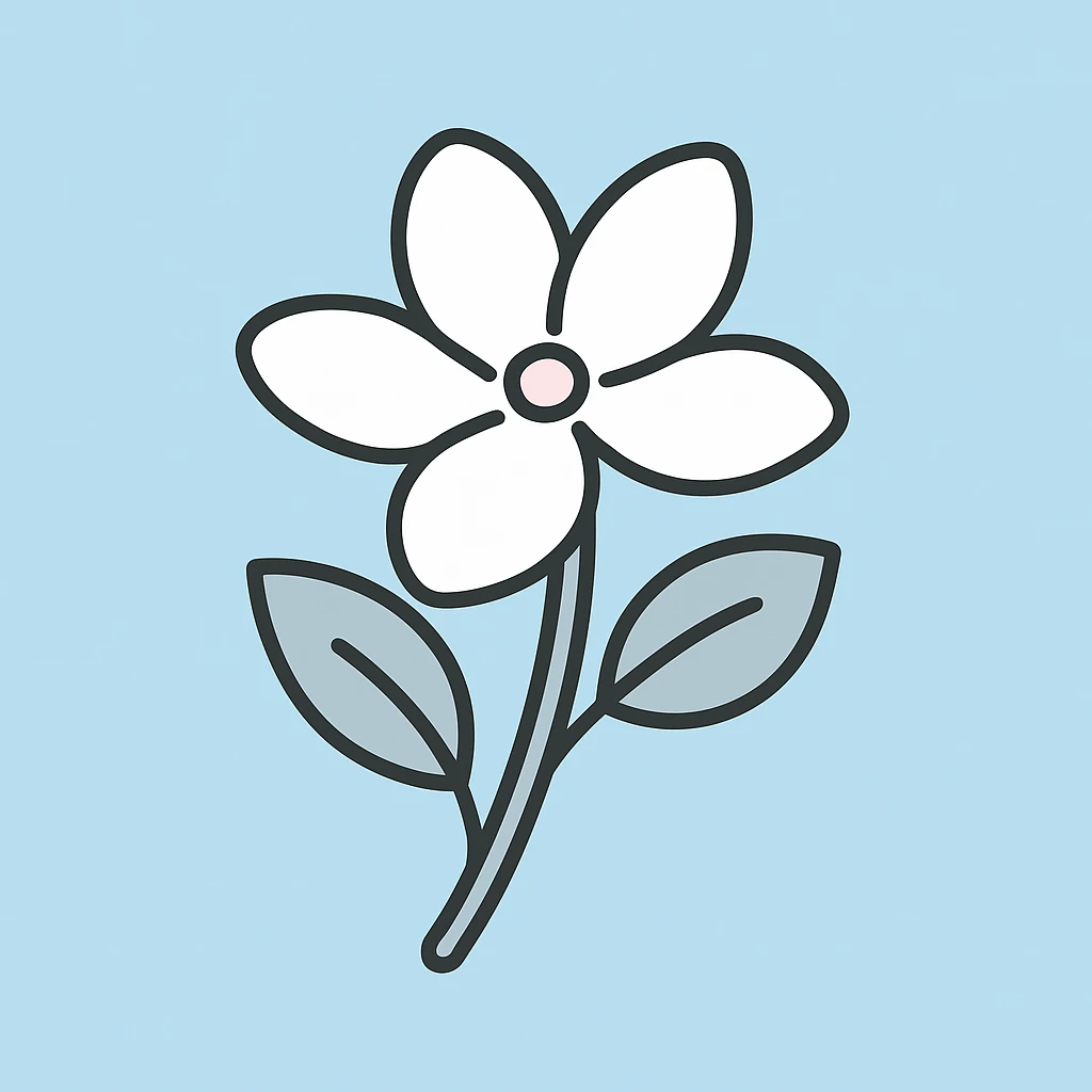 una flor de jazmín blanca con hojas verdes sobre fondo celeste, estilo minimalista emoji