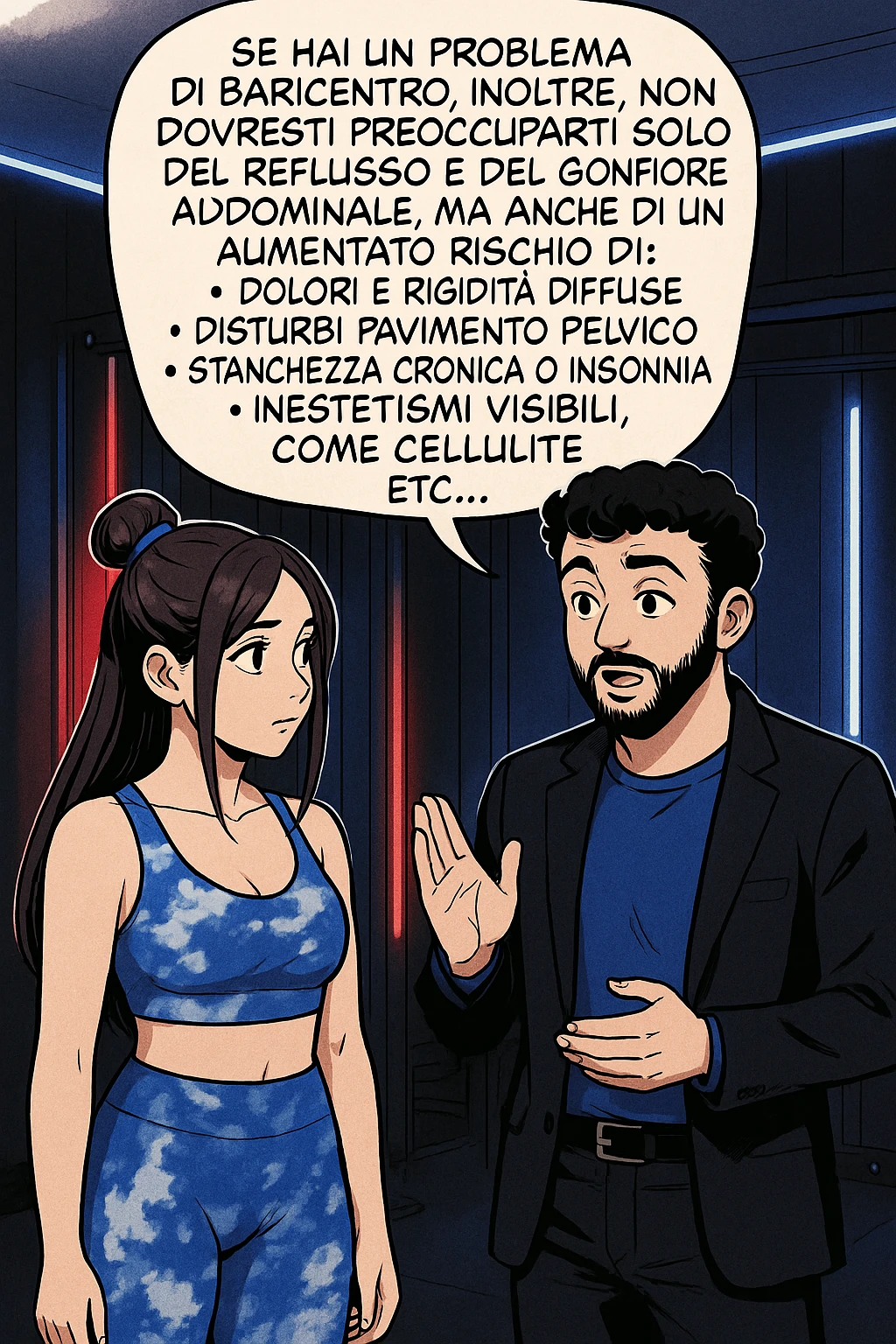 TRASFORMA QUESTO CAROSELLO IN UN FUMETTO STILE WEBTOON/MANGA A COLORI CON QUESTE DUE PERSONE IDENTICHE CHE INTERLOQUISCONO TRA LORO, L'uomo sta spiegando alla donna questo concetto:

Se hai un problema di baricentro, inoltre, non dovresti preoccuparti solo del reflusso e del gonfiore addominale, ma anche di un aumentato rischio di:
    • dolori e rigidità diffuse
    • disturbi pavimento pelvico
    • stanchezza cronica o insonnia
    • inestetismi visibili, come celluluite
    • etc… emoji