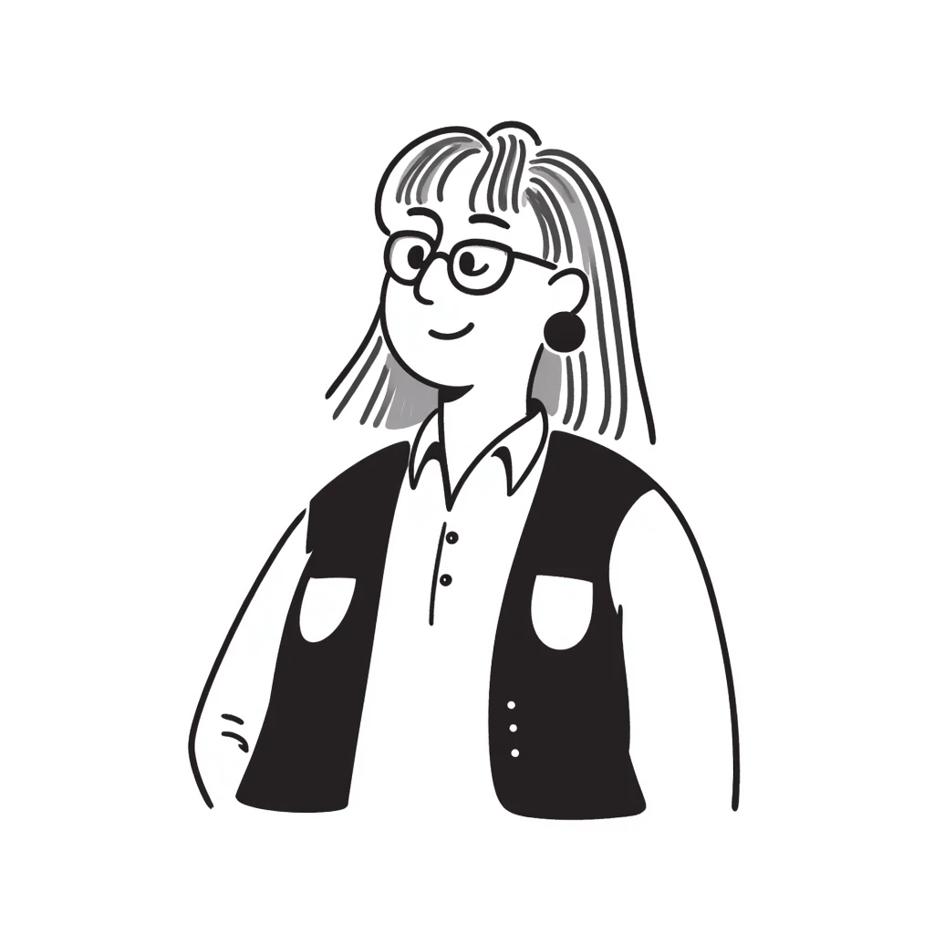 Hand-drawn plus size blonde person wearing glasses and a button-up vest emoji
