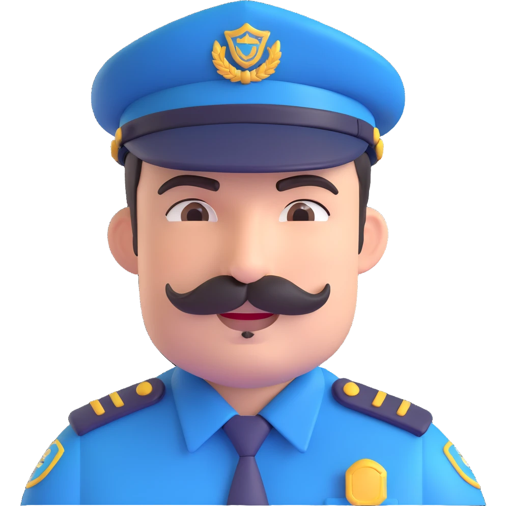 security guard head, with mustache, friendly expression, cap, uniform details emoji