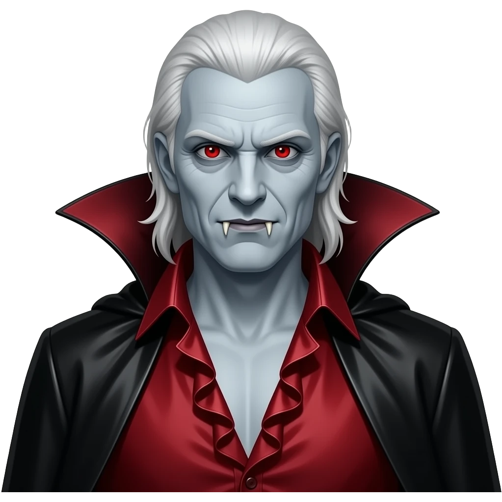 Count Dracula from Horror Film Heroes and Villains with pale grey skin,red eyes, long white hair, dark red metallic open ruffle shirt, black metallic cape emoji