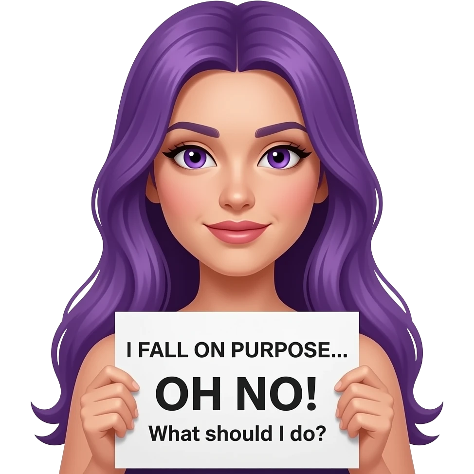 sexy girl with long purple hair and purple eyes holding a I FALL ON PURPOSE... OH NO! What should I do? sign emoji