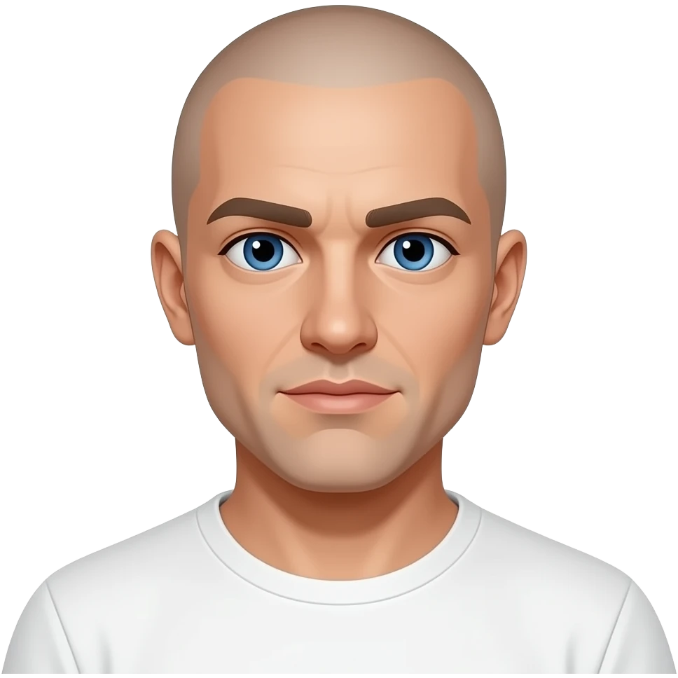 totally bald person with blue eyes and a shirt emoji