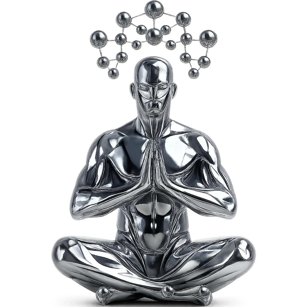 stylized chrome statue of a man meditating, with a network of chrome orbs suspended above him, futuristic and polished emoji
