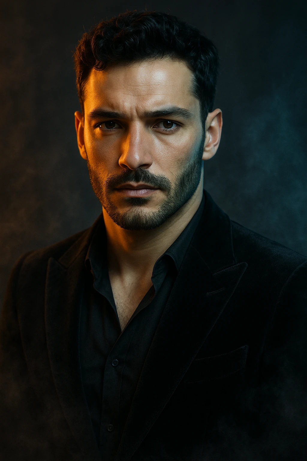 Usa questa immagine come riferimento per creare un ritratto iperrealistico e ravvicinato di un carismatico nodello maschile, ambientato in un contesto editoriale suggestivo. I volto è illuminato da fasci di luce ambrata e blU ghiaccio che contrastano tra loro, esaltando la simmetria marcata della mascella, la sottile barba incolta e uno sguardo penetrante e sicuro. I| modello indossa una giacca sartoriale scura in morbido velluto, leggermente sbottonata sul colletto. Lo sfondo sfuma in un profondo gradiente antracite con una delicata foschia cinematografica e sottili bagliori di luce. Un lieve velo di nebbia avvolge la sua silhouette, accentuando un'atmosfera sofisticata e misteriosa. L'effetto complessivo evoca un'eleganza di alta moda con un tocco moderno e malinconico, ideale per una campagna pubblicitaria di lusso o per la copertina di una prestigiosa rivista. emoji