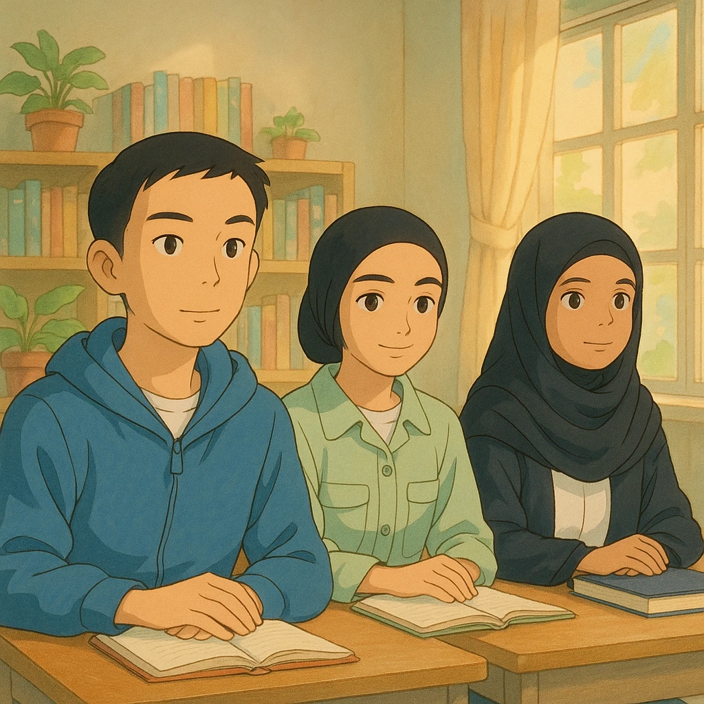 Illustrate four students sitting together attentively following a class, in warm and studious atmosphere, with a soft and bright classroom background, in Ghibli style. emoji