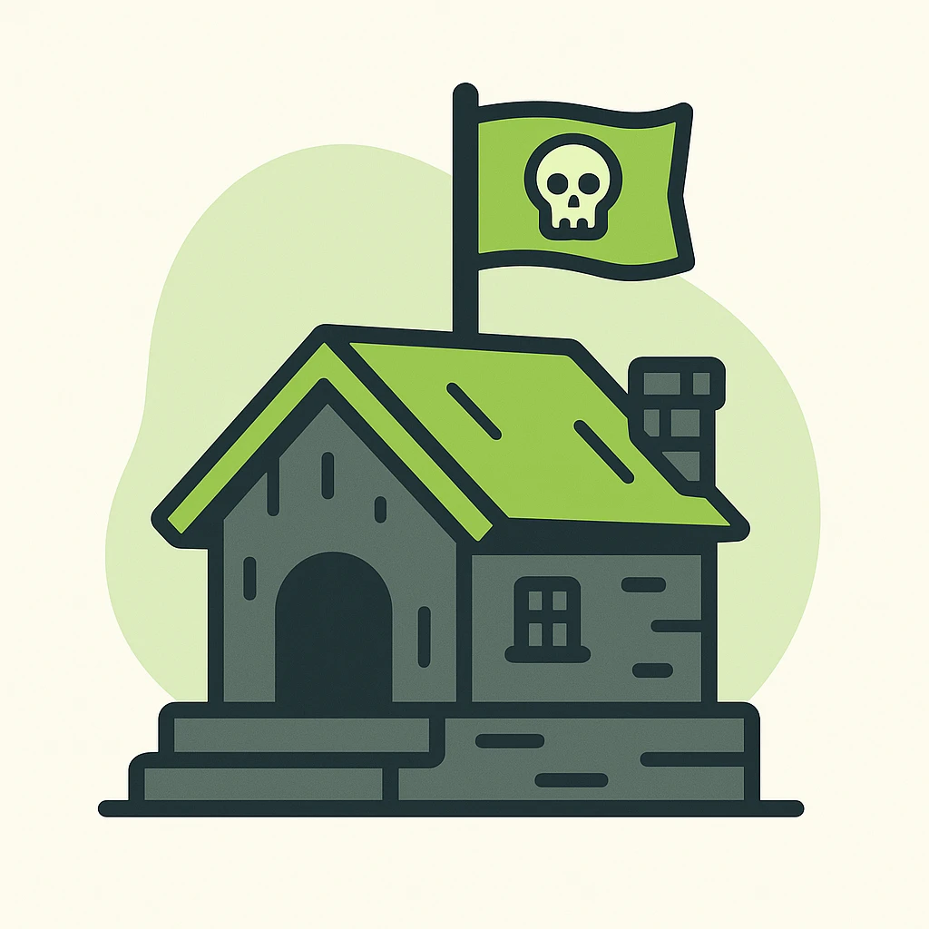 old pirate's house with skull flag emoji