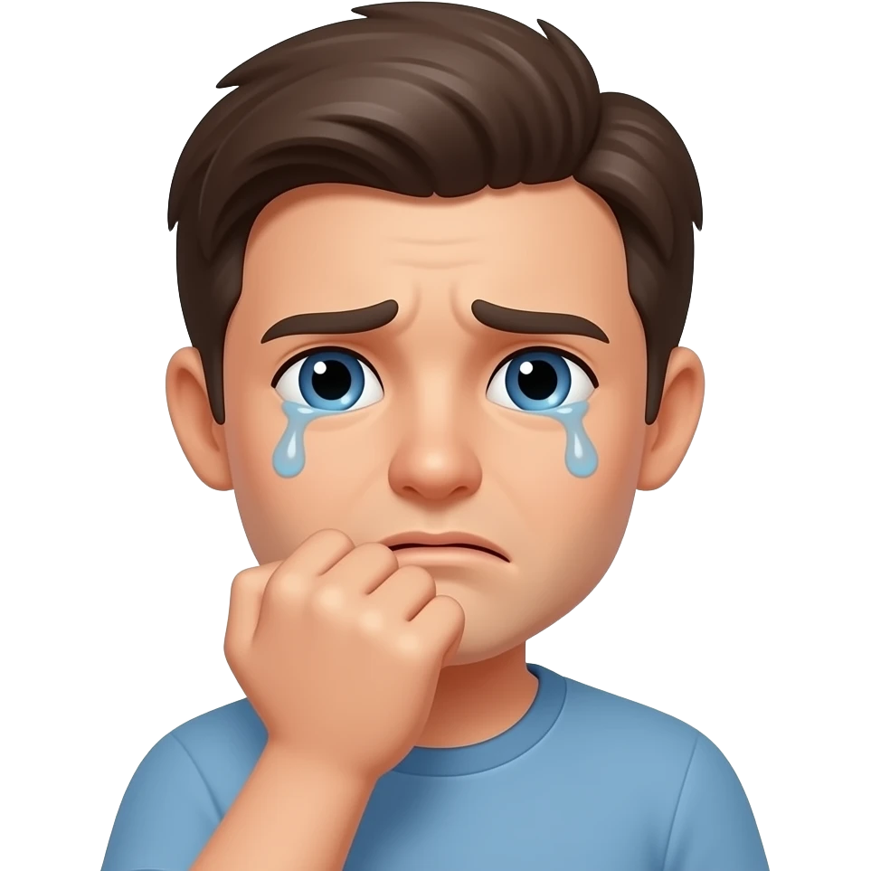 A crying emoij face with one hand in a ball shape then covering his mouth emoji