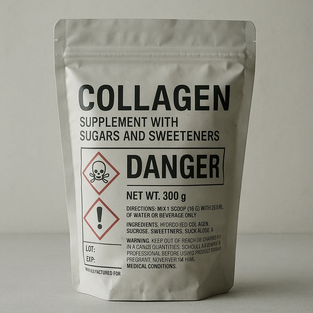 realistic collagen supplement package with sugars and sweeteners, danger symbols, negative atmosphere, clinical details, light background emoji