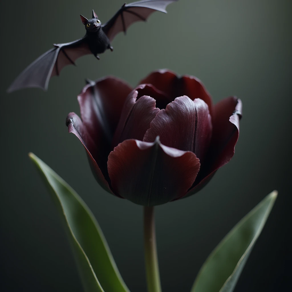 realistic goth tulip with black petals and bat flying above, photorealistic style emoji