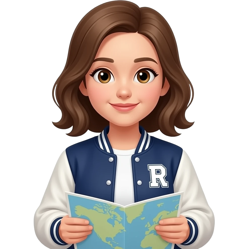 girl wearing a navy varsity jacket. she hold a map emoji