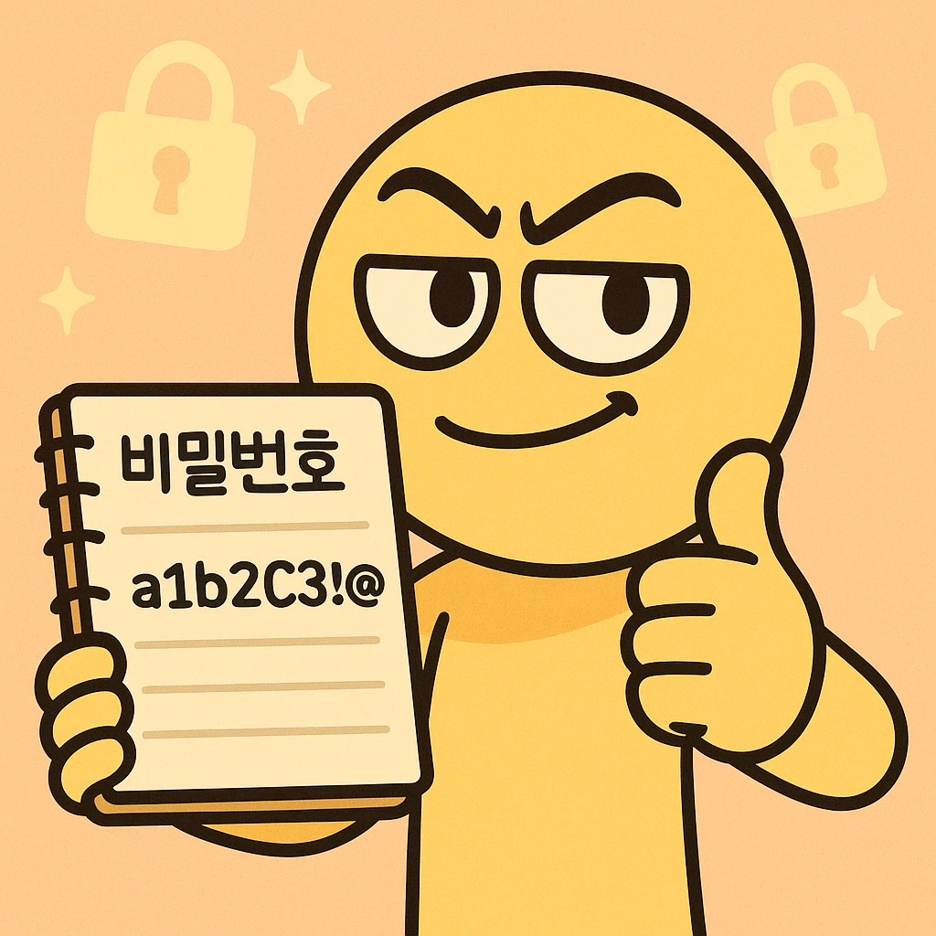 emoticon-style cartoon character holding a notebook with Korean text '비밀번호', strong password 'a1b2C3!@#', lock icon, character giving confident thumbs-up, glowing lock icons in pastel background, flat, simple, bright, 360x360px, PNG emoji