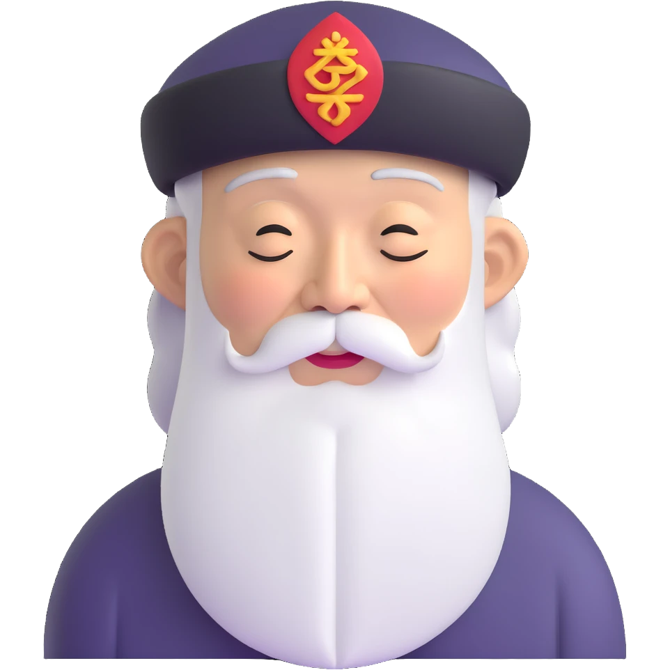 Elderly wise Asian man with long white beard and traditional hat, looking contemplative with eyes closed emoji