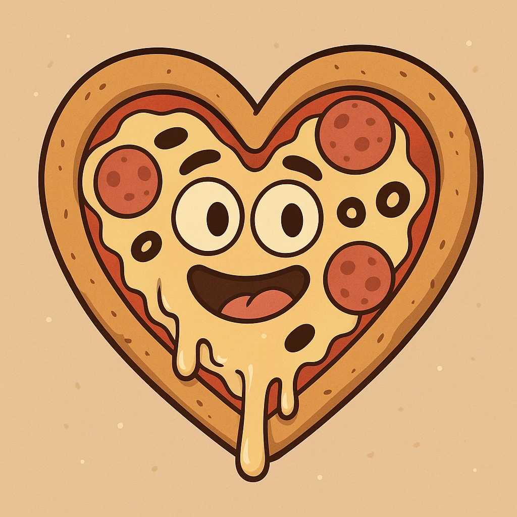a heart form pizza, playful and colorful, with melted cheese, cartoon style emoji