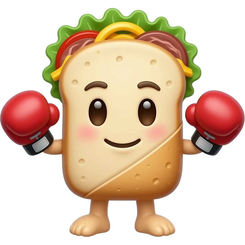 A living doner kebab emoji character, fully made of kebab (bread, meat, salad visible), wearing boxing gloves, no human features, cute competitive face, glossy emoji style emoji
