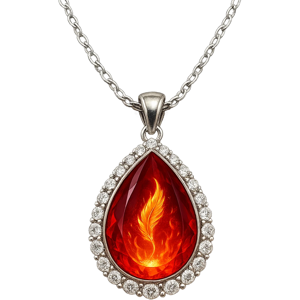 A teardrop ruby pendant with fiery light, a tiny phoenix feather emerging, haloed by shimmering white stones, and a silver chain like liquid moonlight emoji