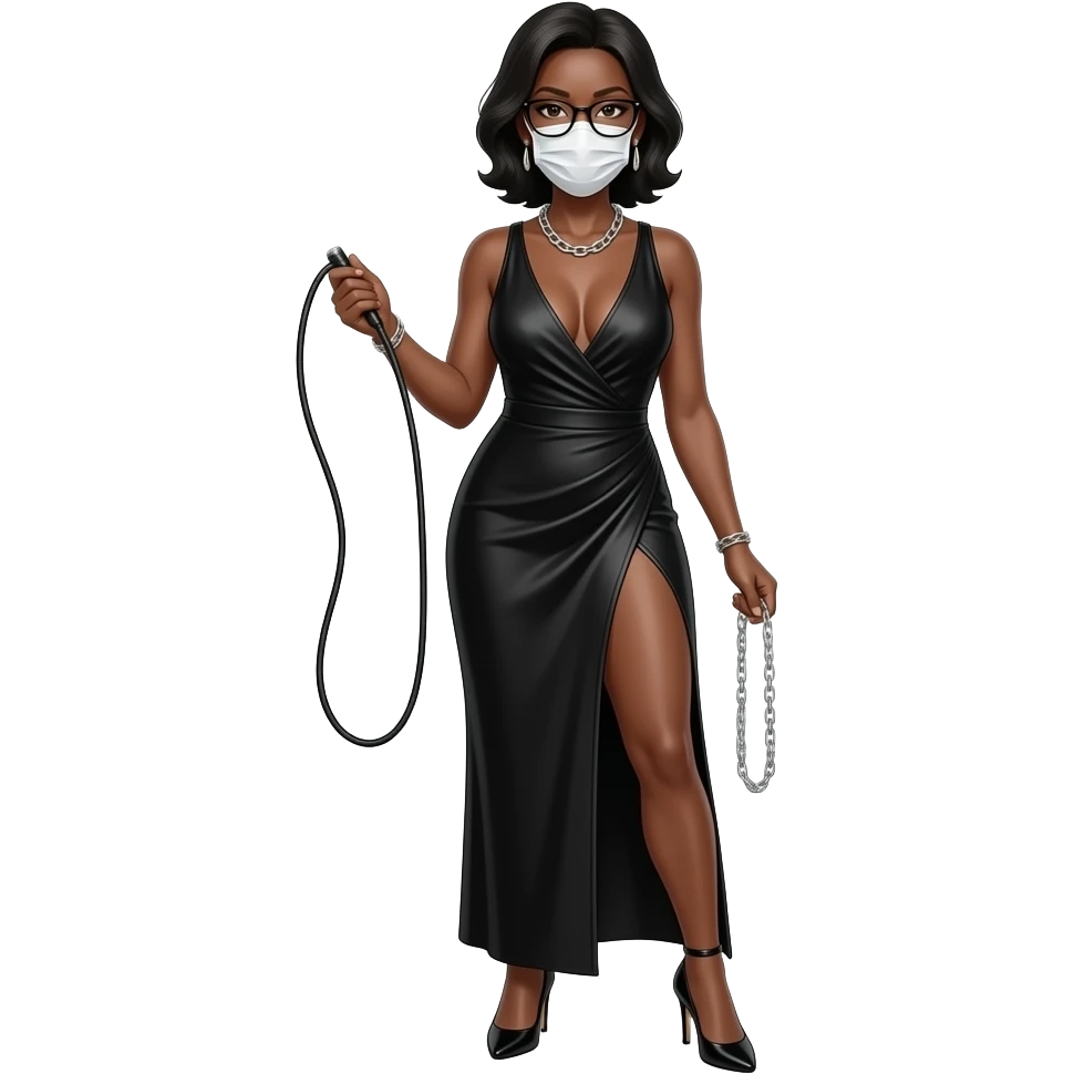 noire visage 50 ans fin lunettes debout robe decolletee profond fluide fendue  une jambe nue passant dans la fente fouet souple dans la main chaine dans la main droite droite talons aiguilles debout  homme blanc nu masque prosterné chaine au cou emoji