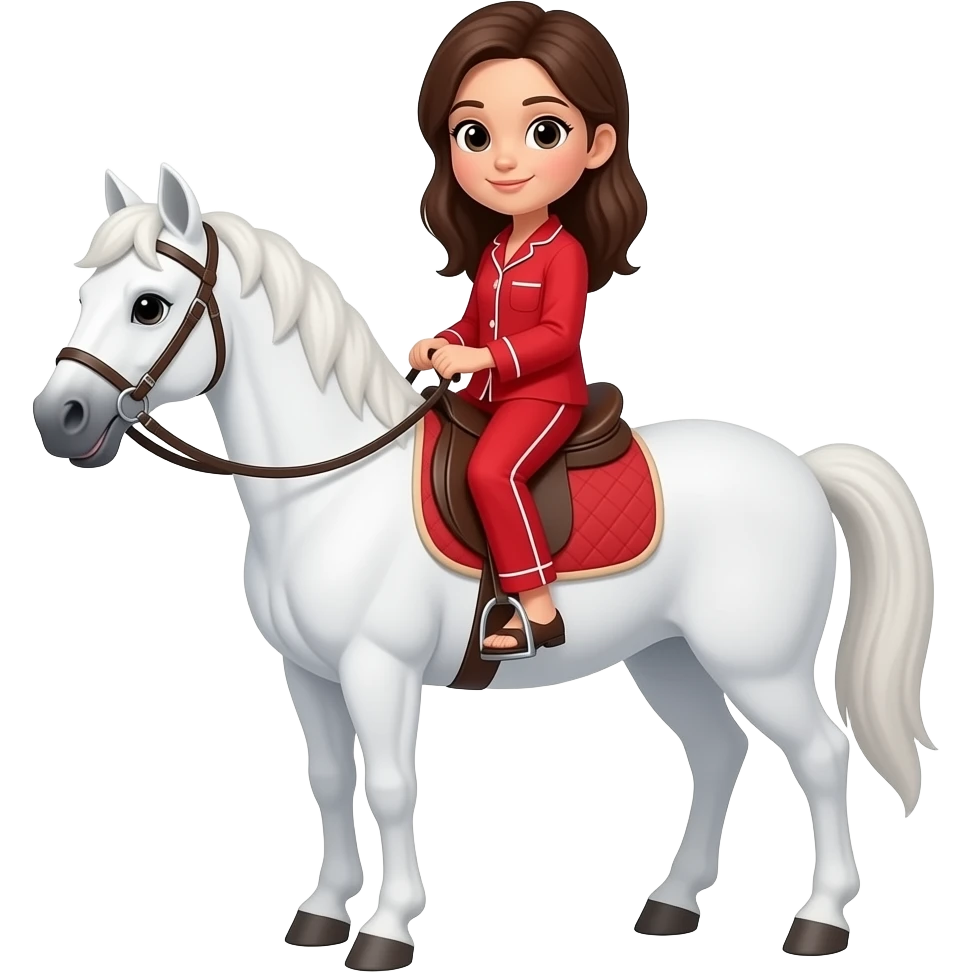 Cartoon white horse with bridles and saddle A girl riding With red pajamas emoji