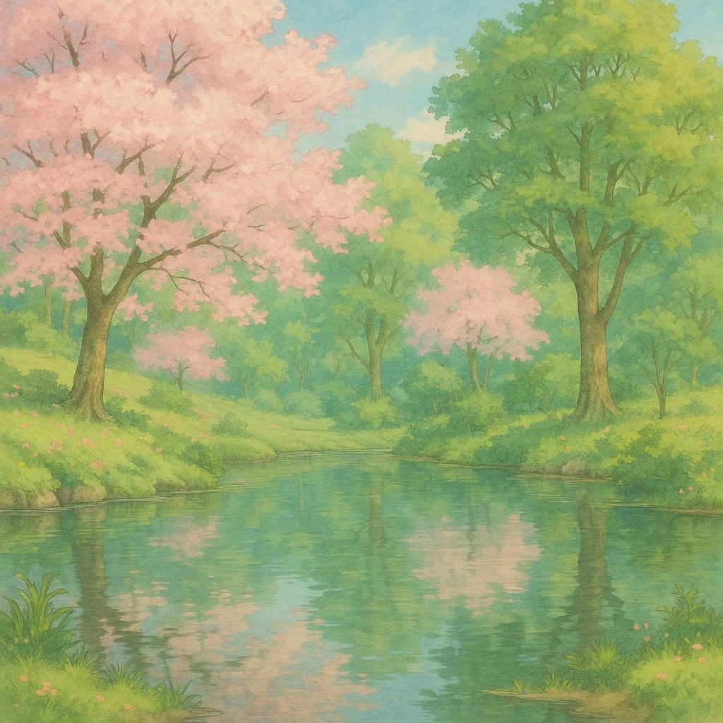 spring in ghibli style, tranquil pond, reflecting trees, calm waters, peaceful setting emoji