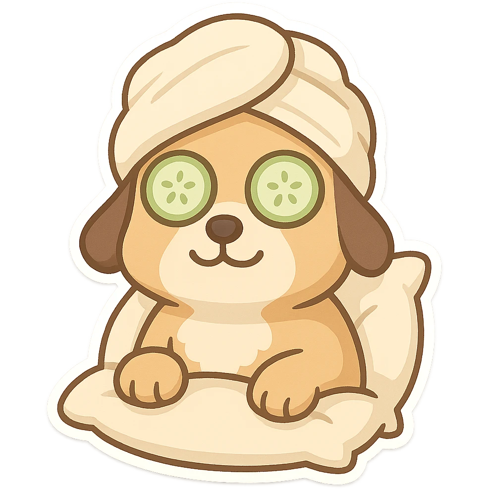 Relaxed dog with cucumber slices on eyes, towel wrapped on head and pillow emoji