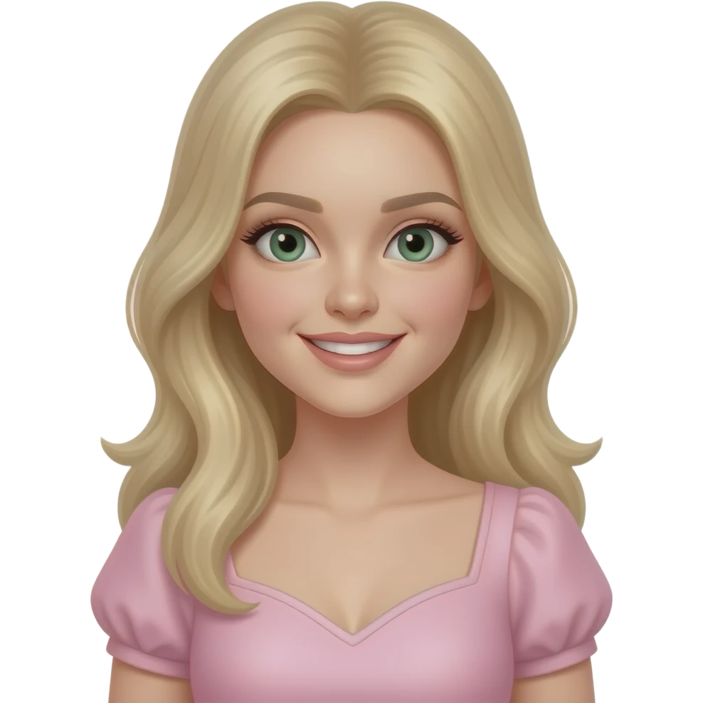 Beautiful young women that is wearing baby pink and has dark green eyes and blonde hair and smiling and very cute and realistic looking not just plain emoji