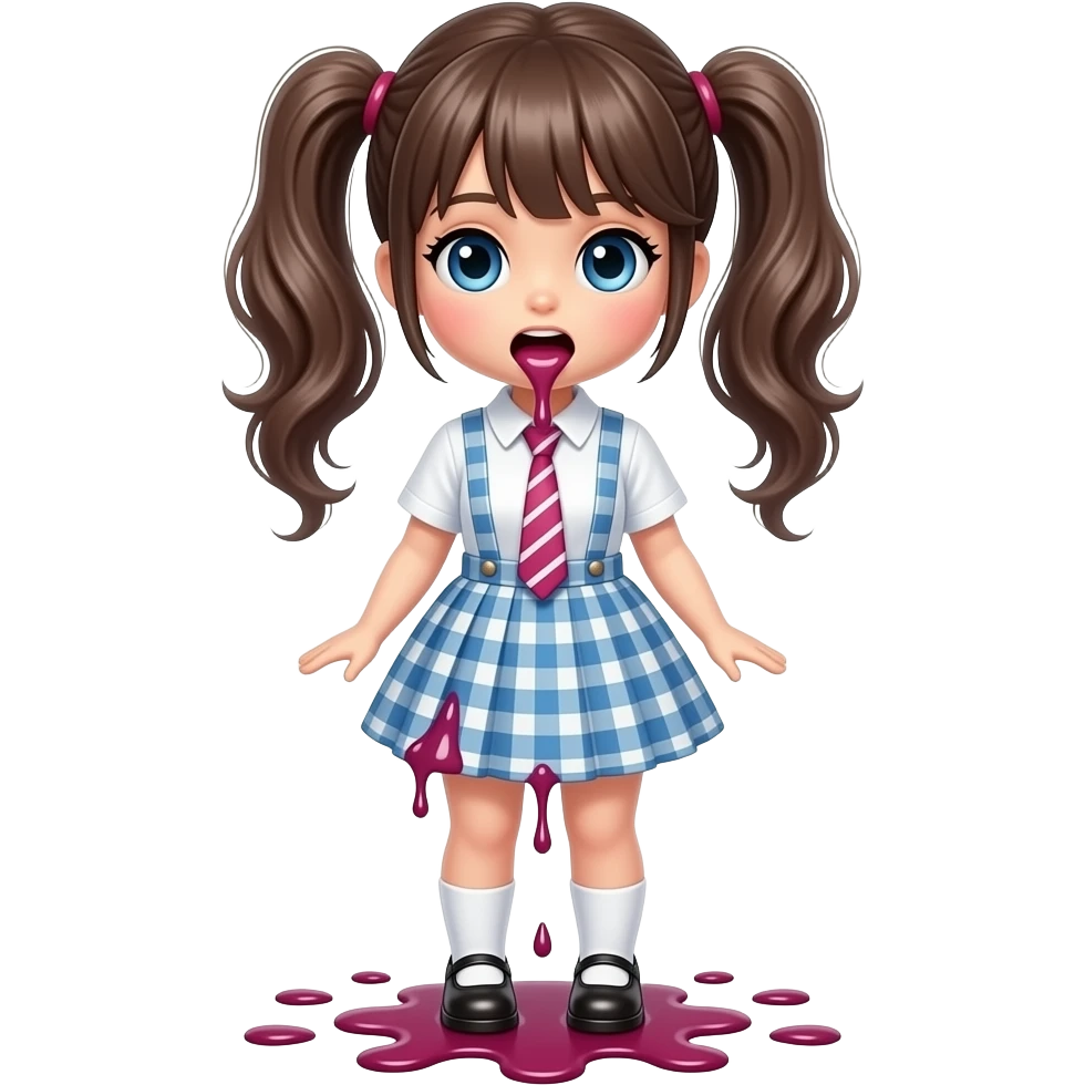 A full-body doll with a pretty ponytail is vomiting through her mouth, spewing it out onto the floor at her feet emoji