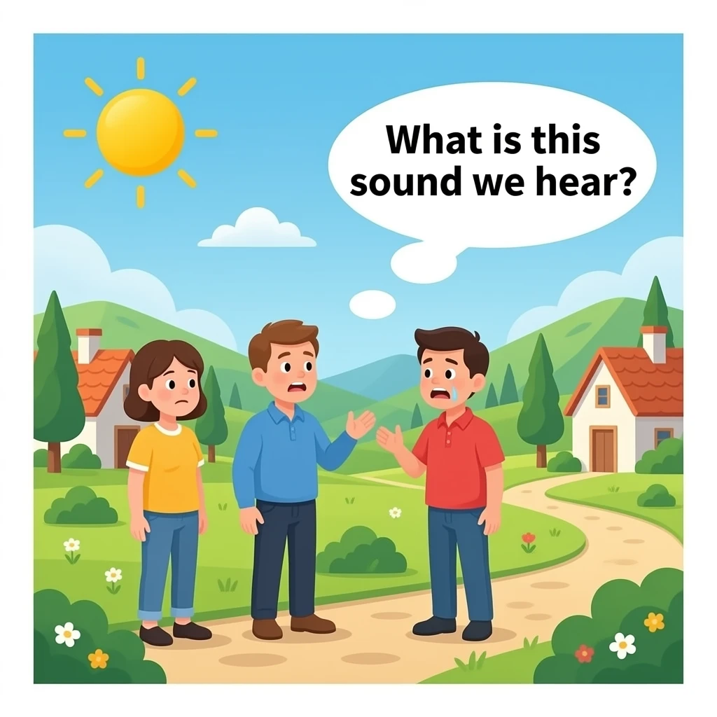 quiero un pueblo que salgan personas hablando entre ellas y una de ellas diga:que es lo que se escucha?todo esto lo quiero en ingles.que sea realista y la persona que dice eso que este asustada pero que hablencon biñetas emoji