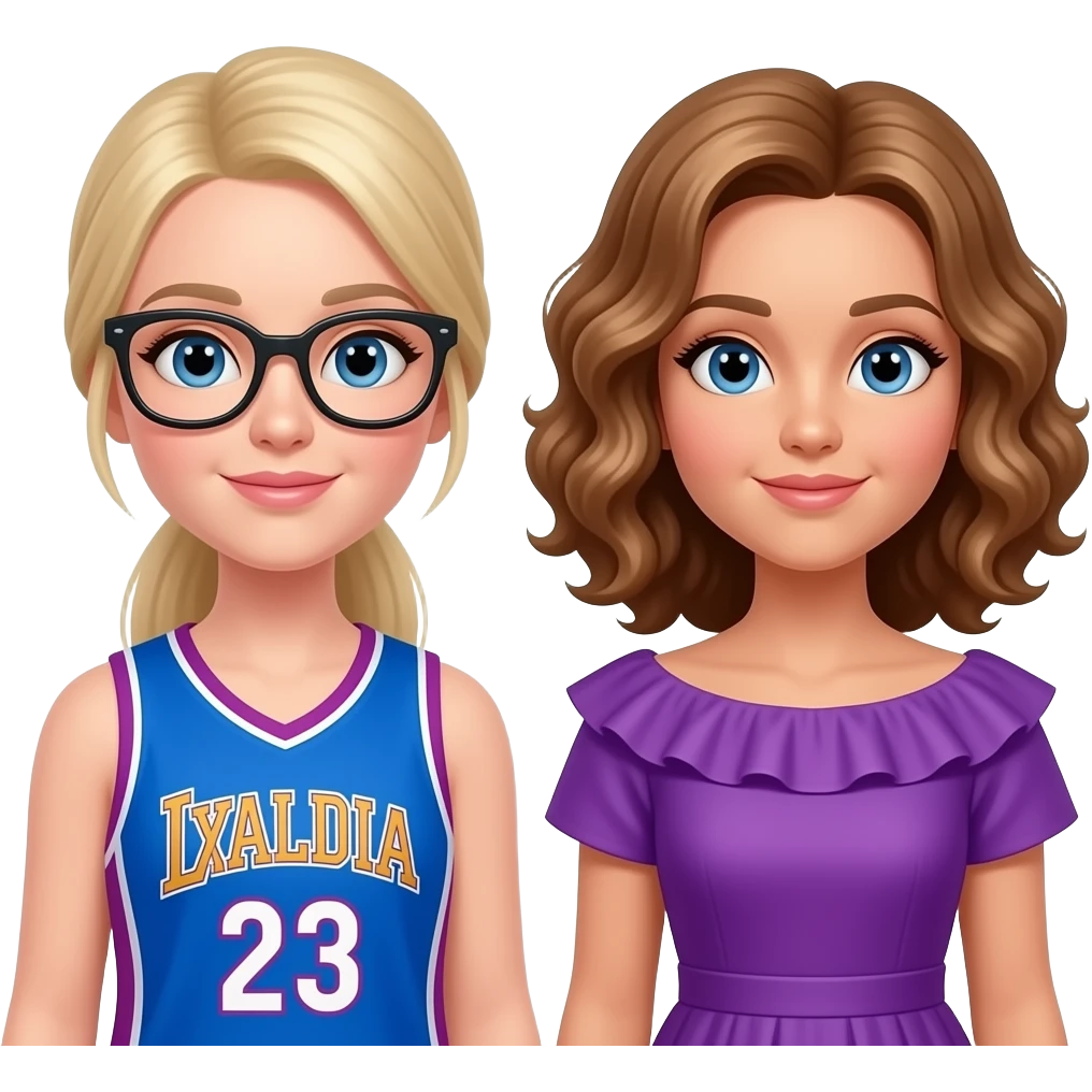 liv and maddie (2 dove camerons with blonde hair, one's hair straight and in a ponytail, she has glasses and is wearing a blue and purple basketball jersey. the other one's hair is curled and she is wearing a dress with a purple ruffle around the top. she looks like an actress emoji