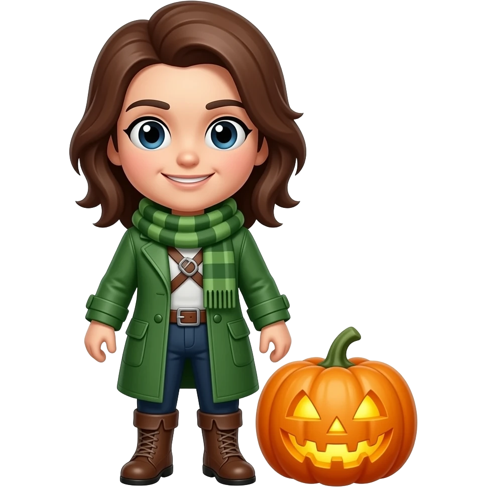 female human monster hunter emoji, wearing green coat and, soft smile, scarf, glowing pumpkin by her side, Halloween fantasy style, clean vector Apple emoji look, bright colors,  square emoji
