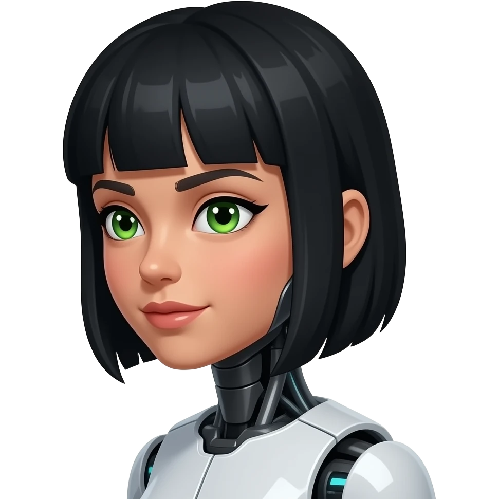 very pretty robot girl with green eyes and black hair, redish cheecks and high heekbones with bangs with a longer face and olive skin  face should be turned to the side emoji