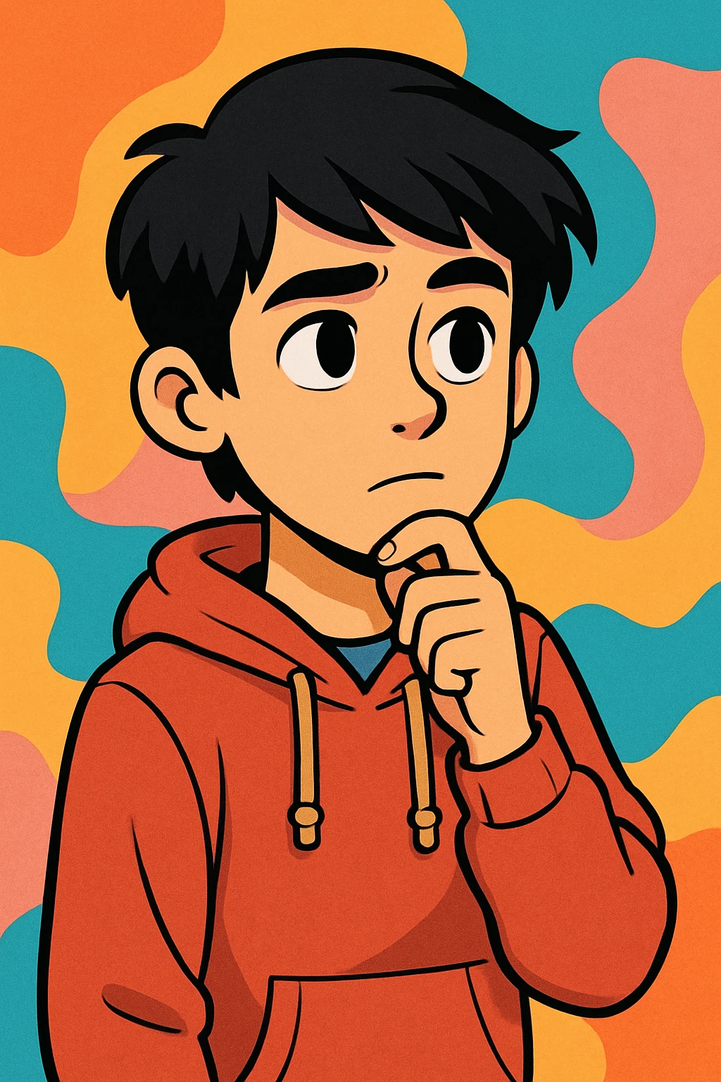 cartoon style portrait of an 18 year old young person with black hair, thoughtful expression, youthful clothing, colorful background emoji