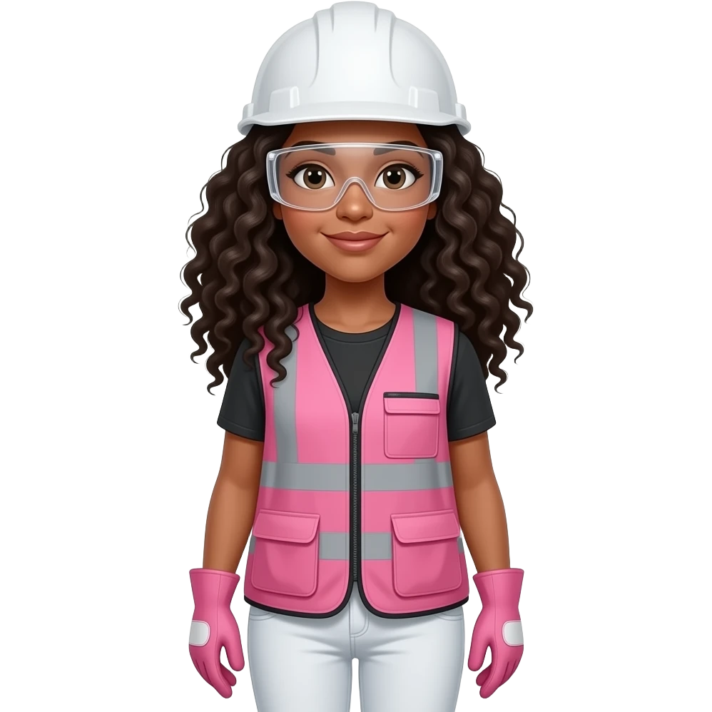 White woman with with long curly black hair witin hair wearing pink and clear safety glasses wearing a pink construction vest wearing white pans wearing pink construction vest wearing white pants wearing pink construction gloves emoji