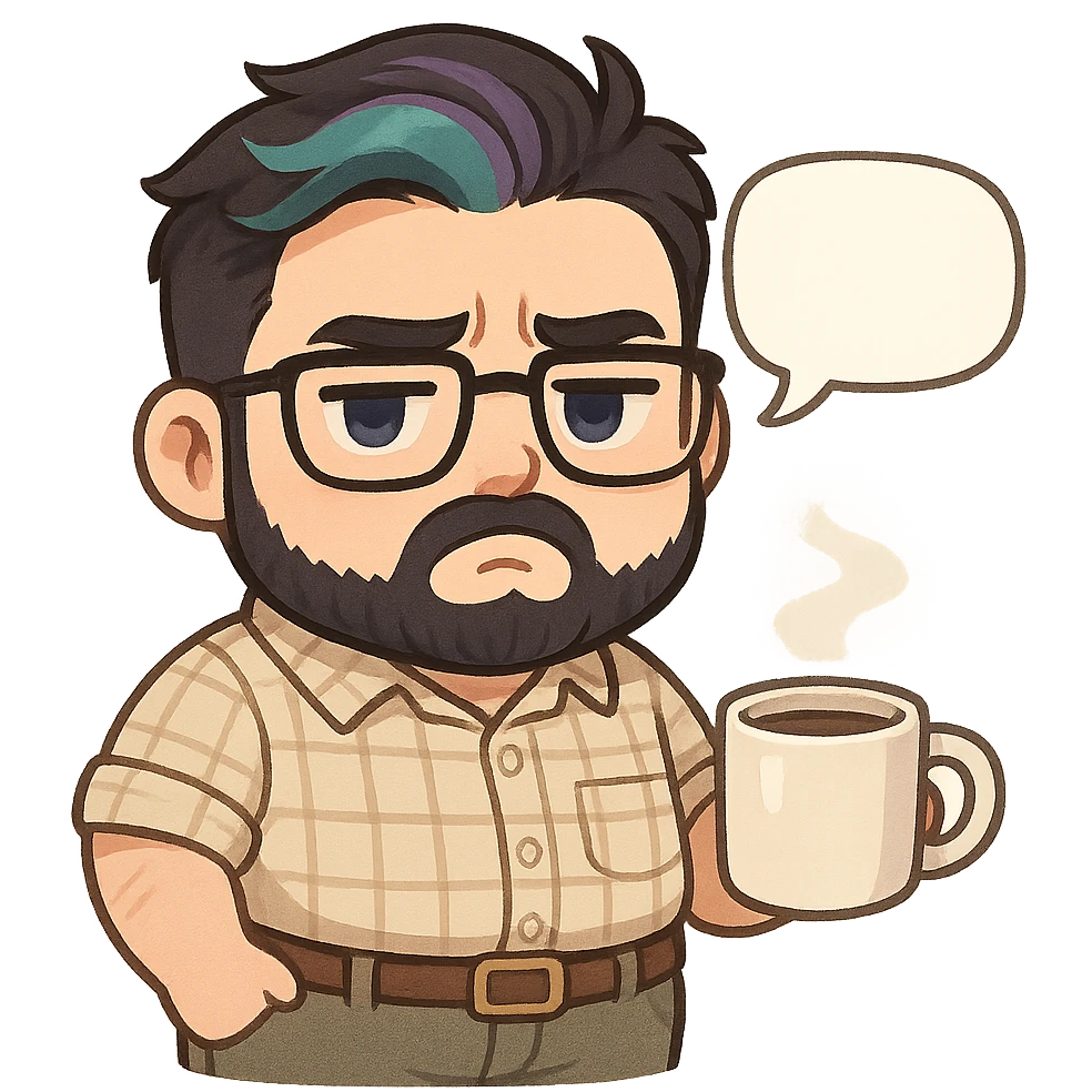 A realism art illustration art style of handsome plus-size man with black hair and a purple to green ombre streak, black beard, blue eye, glasses, dressed like a dad, holding a coffee mug, blank speech bubble, frowning  emoji