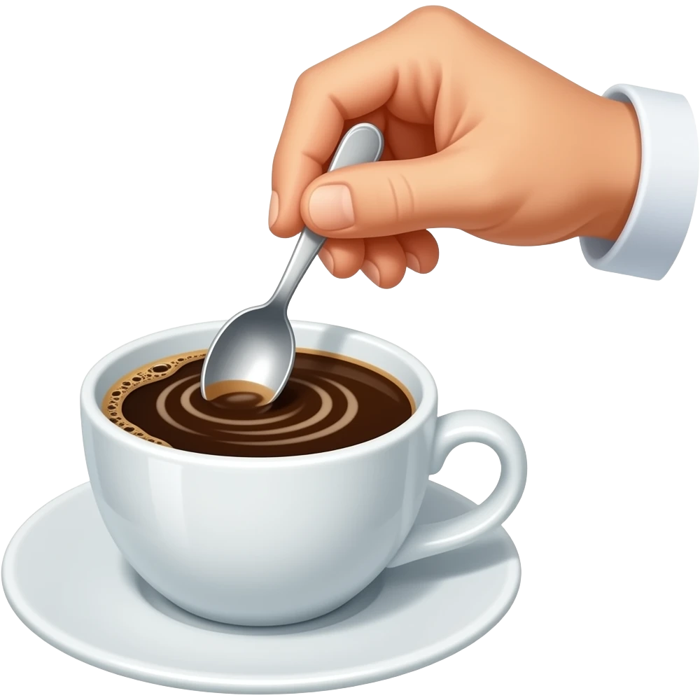 Minimal emoji-style illustration of a person stirring coffee in a cup with a small spoon. A hand holding the spoon inside the cup, visible swirling motion in the coffee. Clean, simple shapes, warm brown tones, light pastel cup, centered, minimal background. emoji