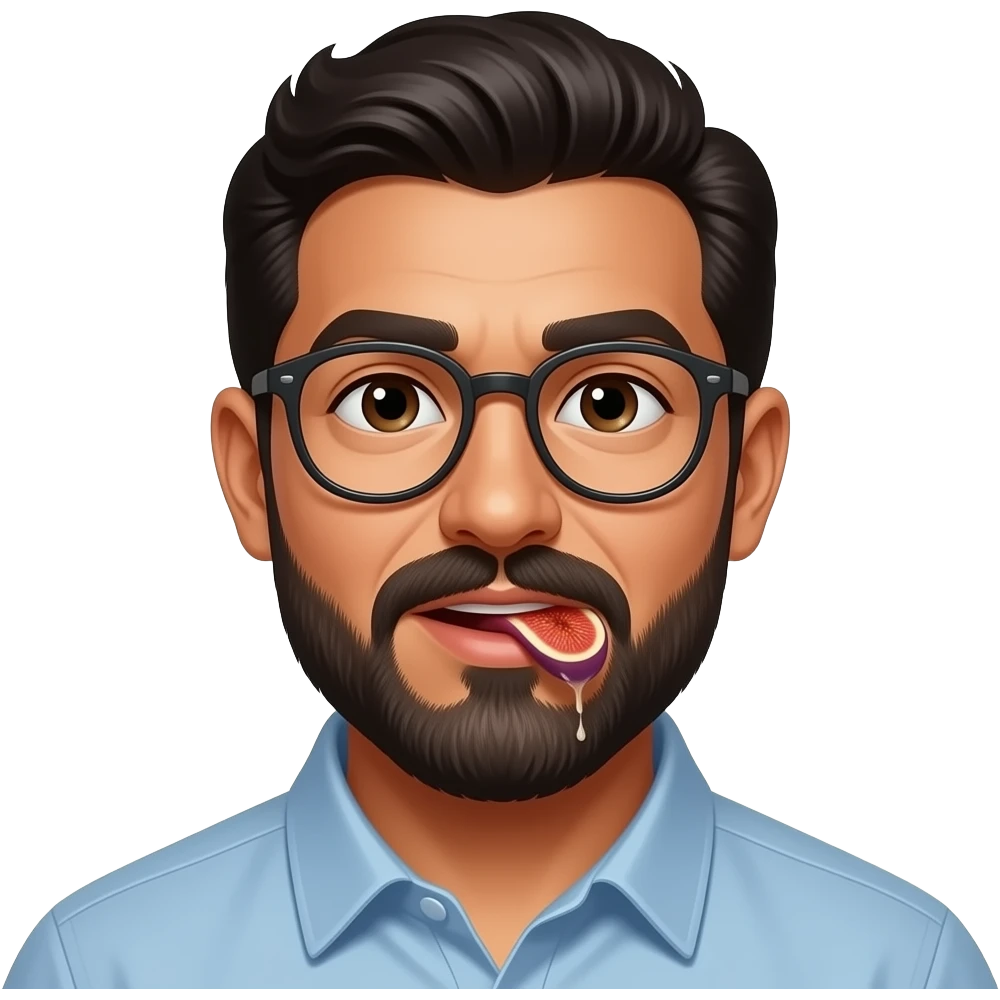 Tan Latino Man with mustache and round glasses licking a juicy fig emoji