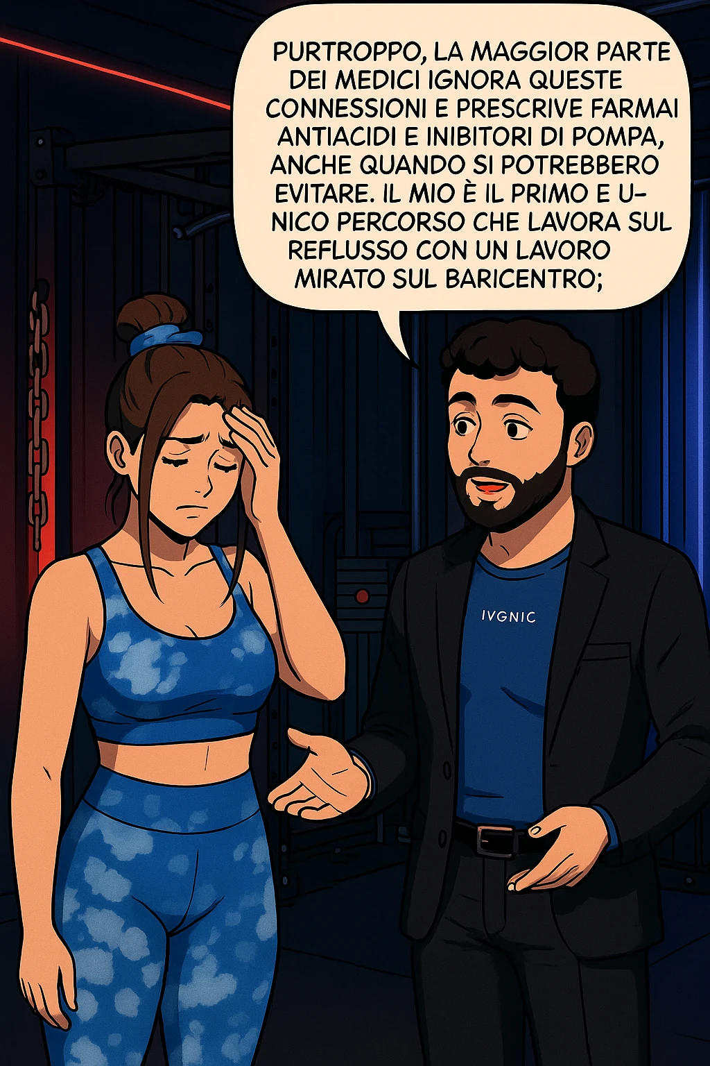 TRASFORMA QUESTO CAROSELLO IN UN FUMETTO STILE WEBTOON/MANGA A COLORI CON QUESTE DUE PERSONE IDENTICHE CHE INTERLOQUISCONO TRA LORO, L'uomo sta spiegando alla donna questo concetto MENTRE LA DONNA SI TIENE la mano sulla fronte sconcertata:

LUI (UOMO): Purtroppo, la maggior parte dei medici ignora queste connessioni e prescrive farmaci antiacidi e inibitori di pompa, anche quando si potrebbero evitare.
Il mio è il primo e unico percorso che lavora sul reflusso con un lavoro mirato sul baricentro; emoji