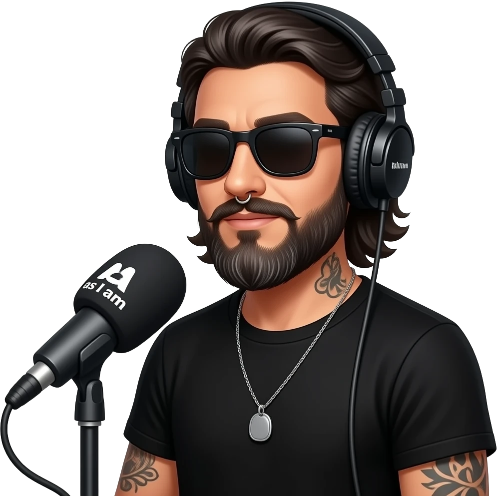 A podcast host wearing headphones and sitting in front of a microphone who is a handsome Latino man with medium length hair and pretty long beard with some grays and tattoos with a right nose hoop and a left earring hoop wearing all black and black sunglasses with a logo that says as I am emoji